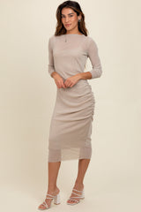 Beige Shimmer Mesh Long Sleeve Ruched Maternity Midi Dress from PinkBlush