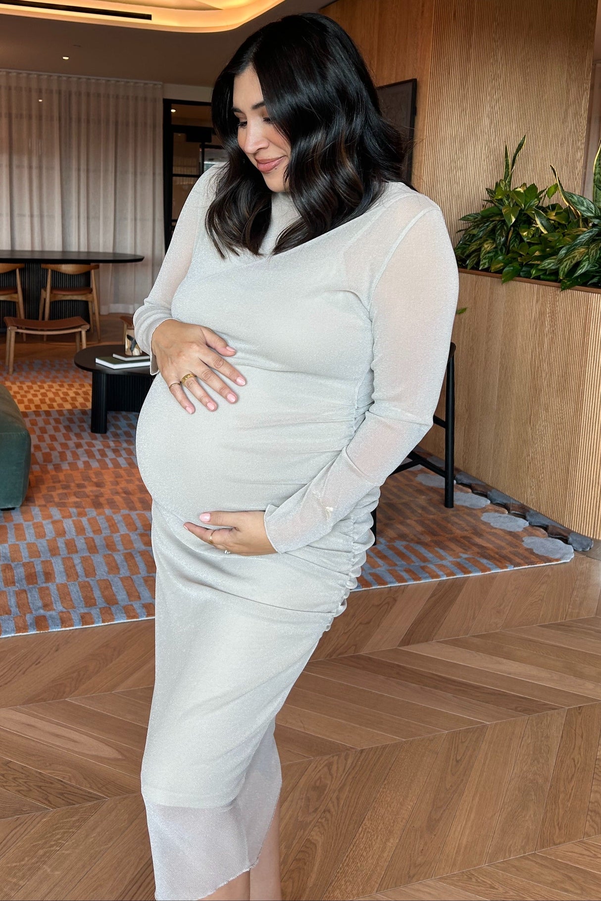 Beige Shimmer Mesh Long Sleeve Ruched Maternity Midi Dress from PinkBlush
