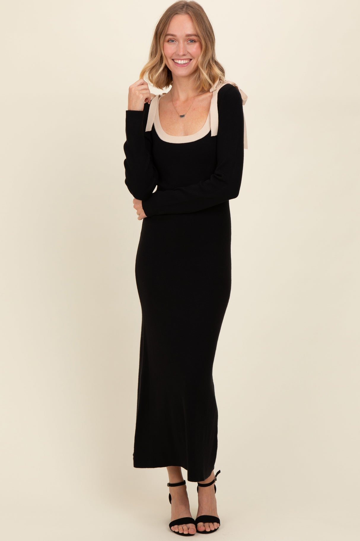 Black Shoulder Bow Detail Maternity Maxi Sweater Dress from PinkBlush