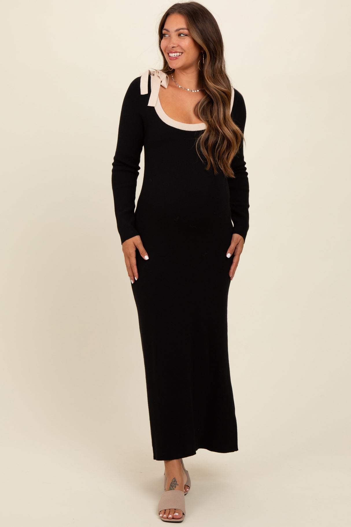 Black Shoulder Bow Detail Maternity Maxi Sweater Dress from PinkBlush