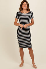Black Striped Boat Neck Ruched Maternity Dress from PinkBlush