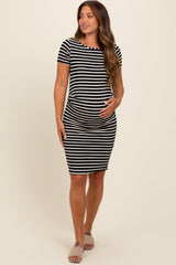 Black Striped Boat Neck Ruched Maternity Dress from PinkBlush
