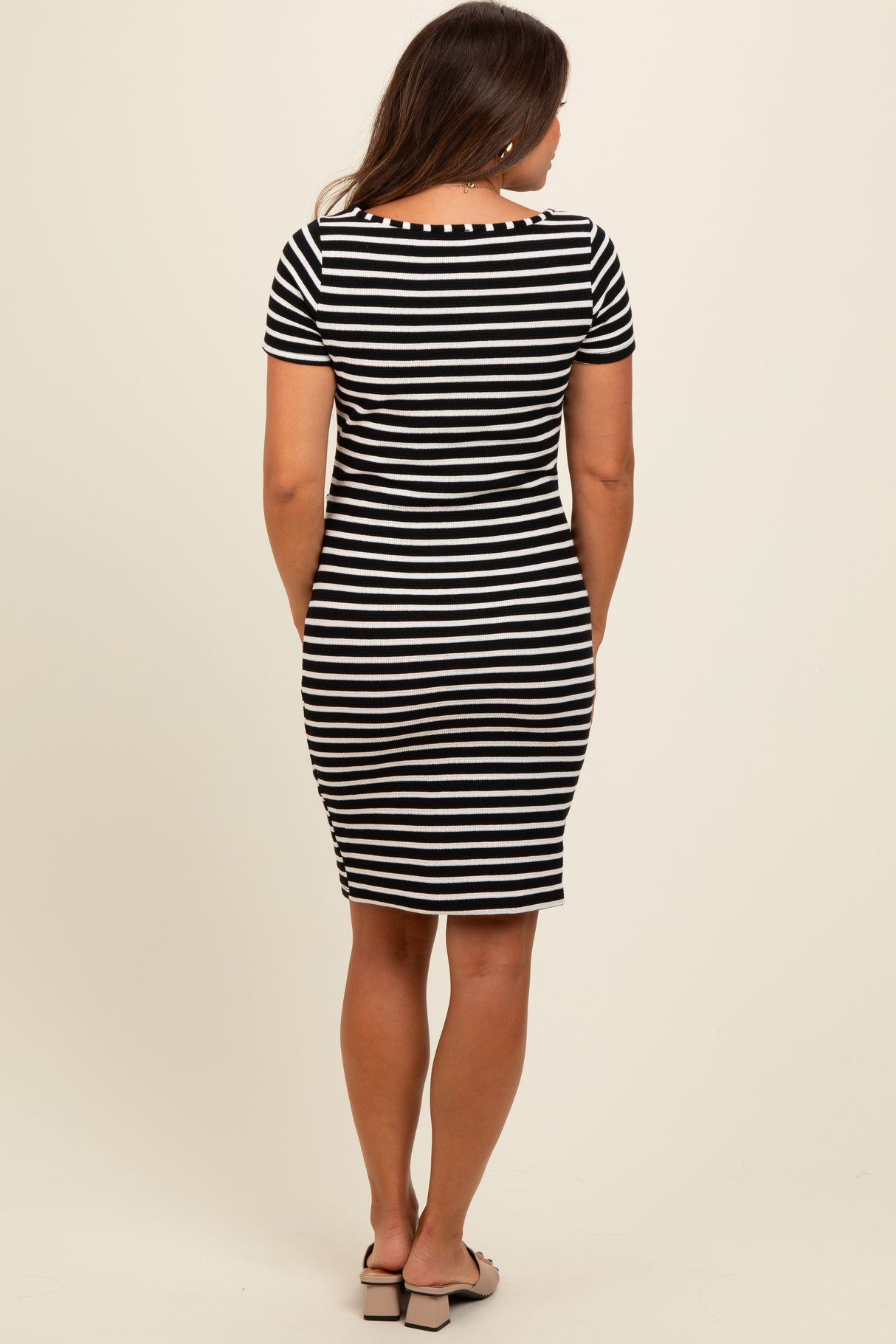 Black Striped Boat Neck Ruched Maternity Dress from PinkBlush