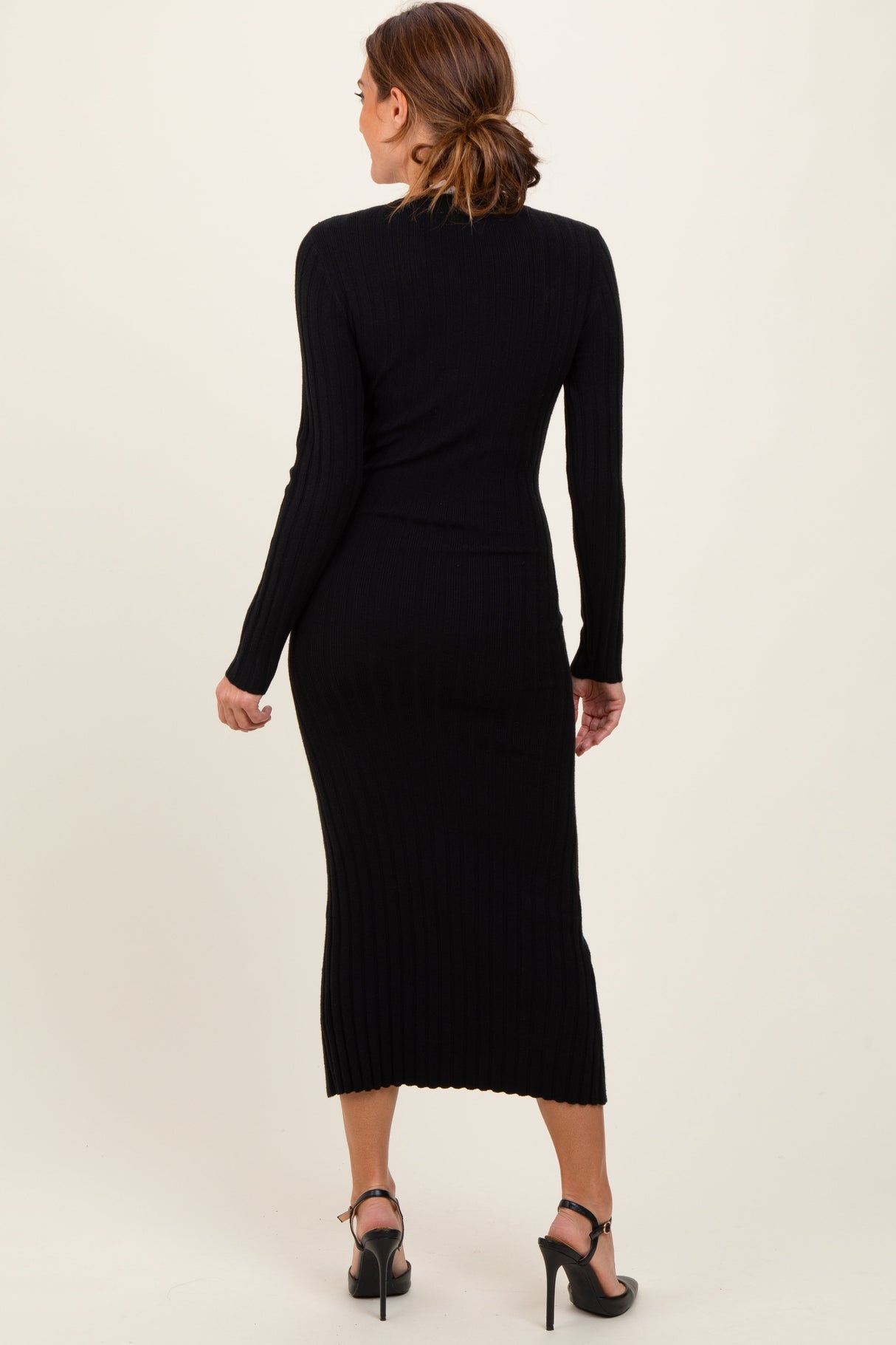 Black Ribbed Knit Fitted Midi Sweater Dress from PinkBlush