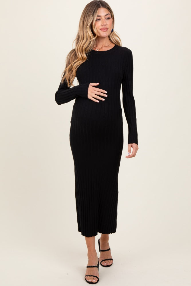 Black Ribbed Knit Fitted Maternity Midi Sweater Dress from PinkBlush