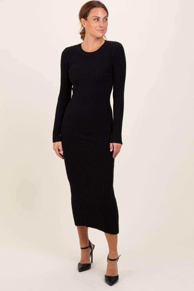 Black Ribbed Knit Fitted Maternity Midi Sweater Dress from PinkBlush