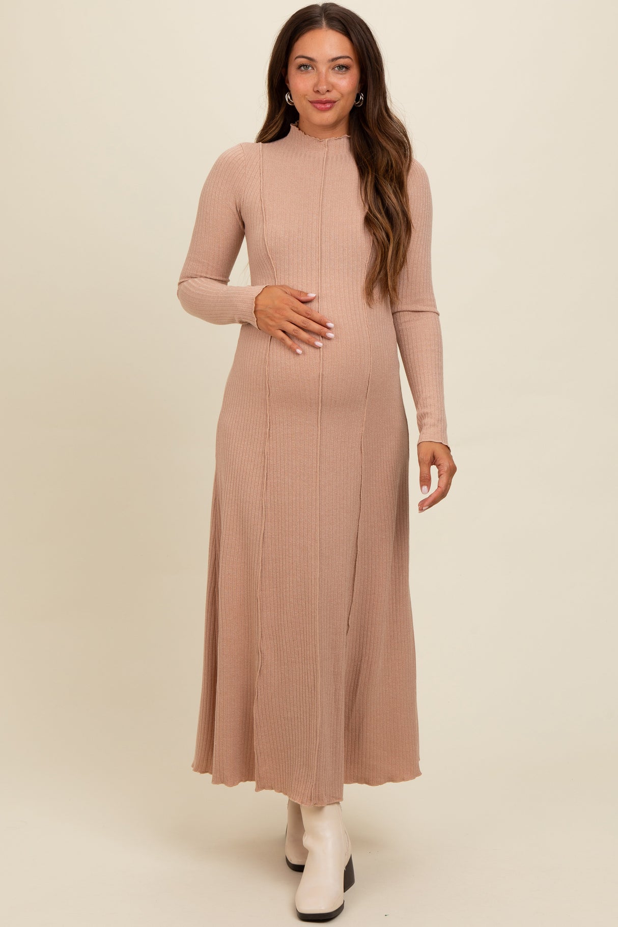 Beige Ribbed Exposed Seam Mock Neck Maternity Dress from PinkBlush