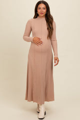 Beige Ribbed Exposed Seam Mock Neck Maternity Dress from PinkBlush