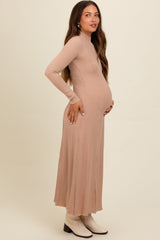 Beige Ribbed Exposed Seam Mock Neck Maternity Dress from PinkBlush