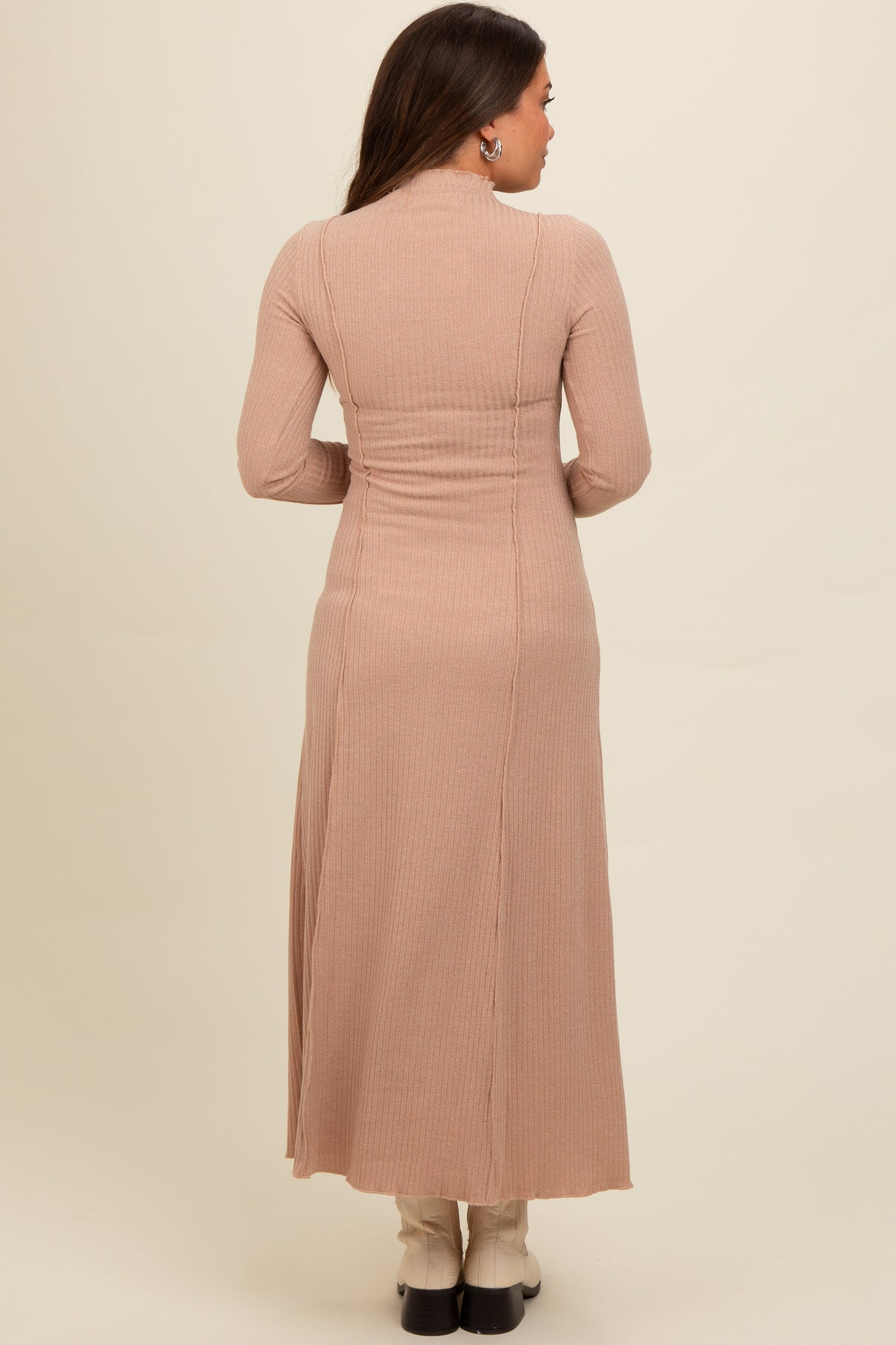 Beige Ribbed Exposed Seam Mock Neck Maternity Dress from PinkBlush