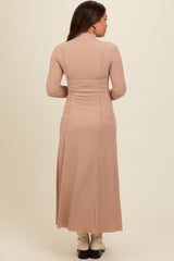 Beige Ribbed Exposed Seam Mock Neck Maternity Dress from PinkBlush