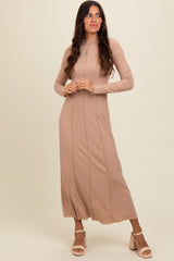 Beige Ribbed Exposed Seam Mock Neck Maternity Dress from PinkBlush