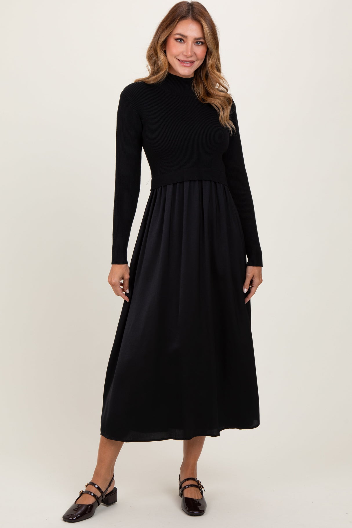 Black Knit Contrast Top Satin Maternity Midi Dress from PinkBlush