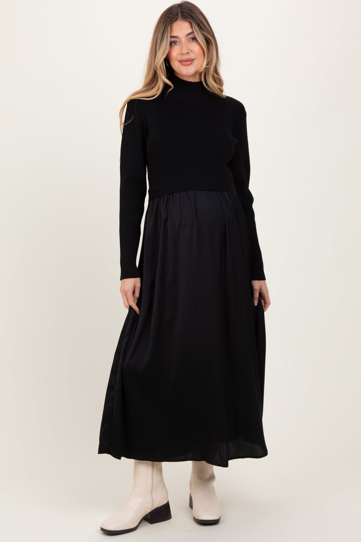 Black Knit Contrast Top Satin Maternity Midi Dress from PinkBlush
