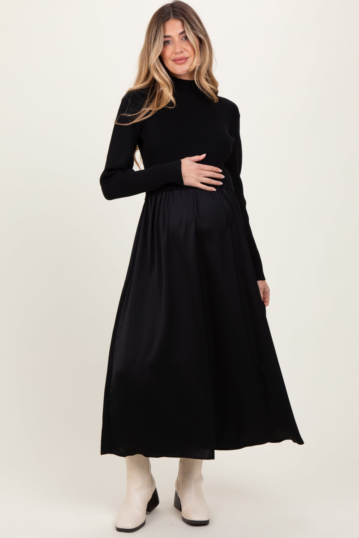 Black Knit Contrast Top Satin Maternity Midi Dress from PinkBlush