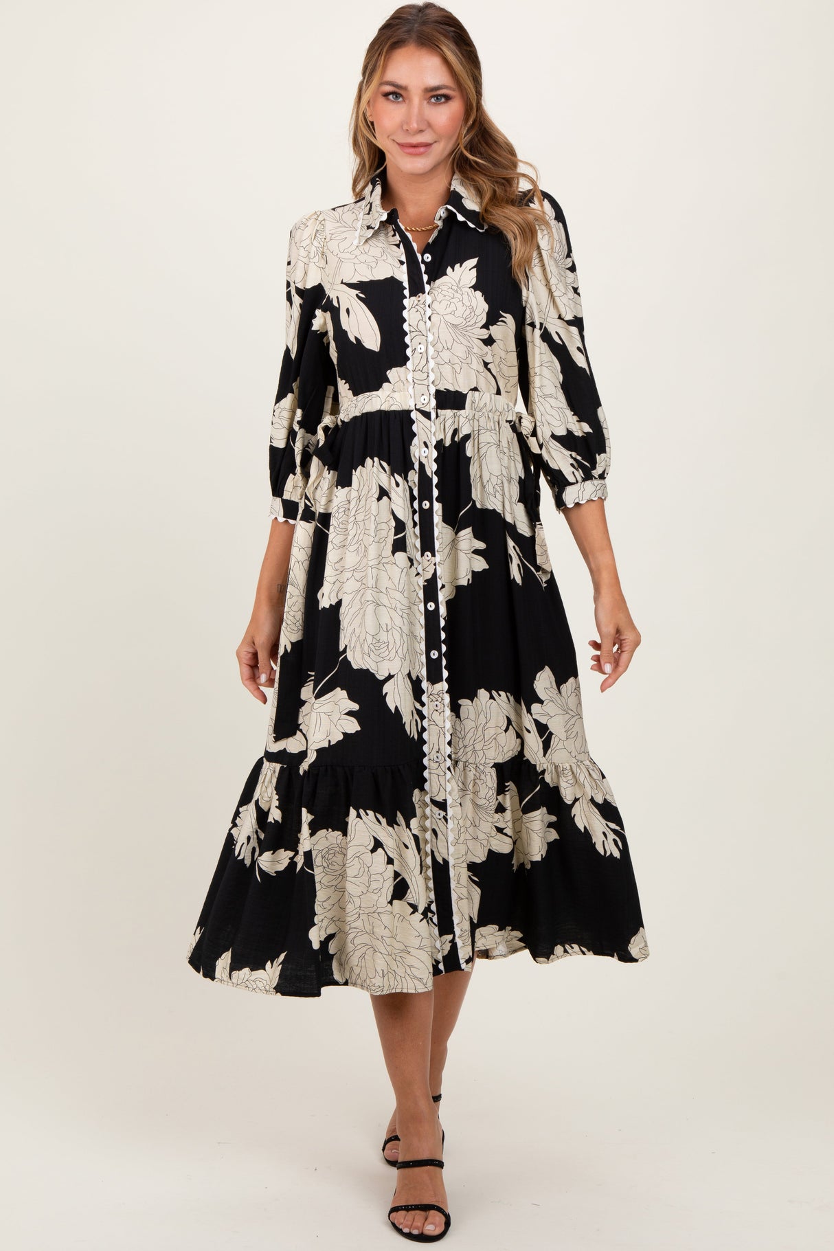 Black Floral Print Cinched Tie Waist Shirt Dress from PinkBlush