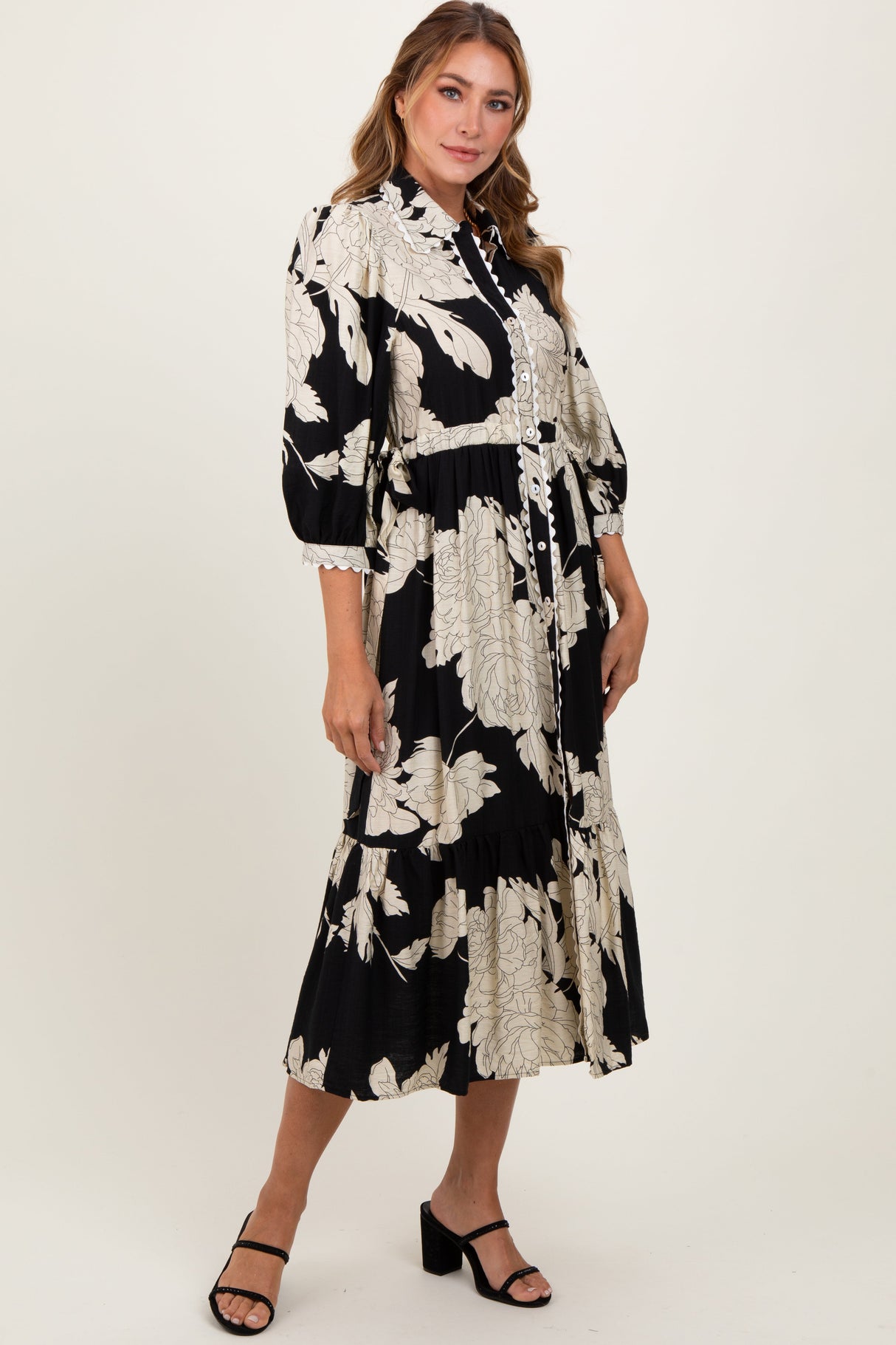Black Floral Print Cinched Tie Waist Shirt Dress from PinkBlush