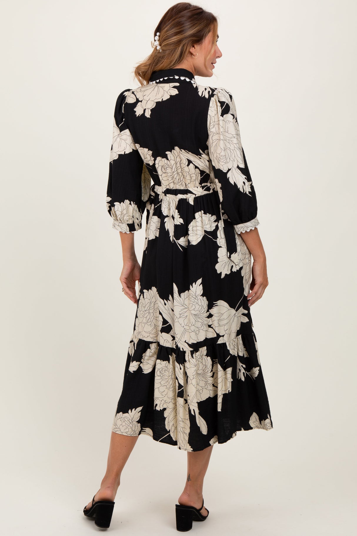 Black Floral Print Cinched Tie Waist Shirt Dress from PinkBlush