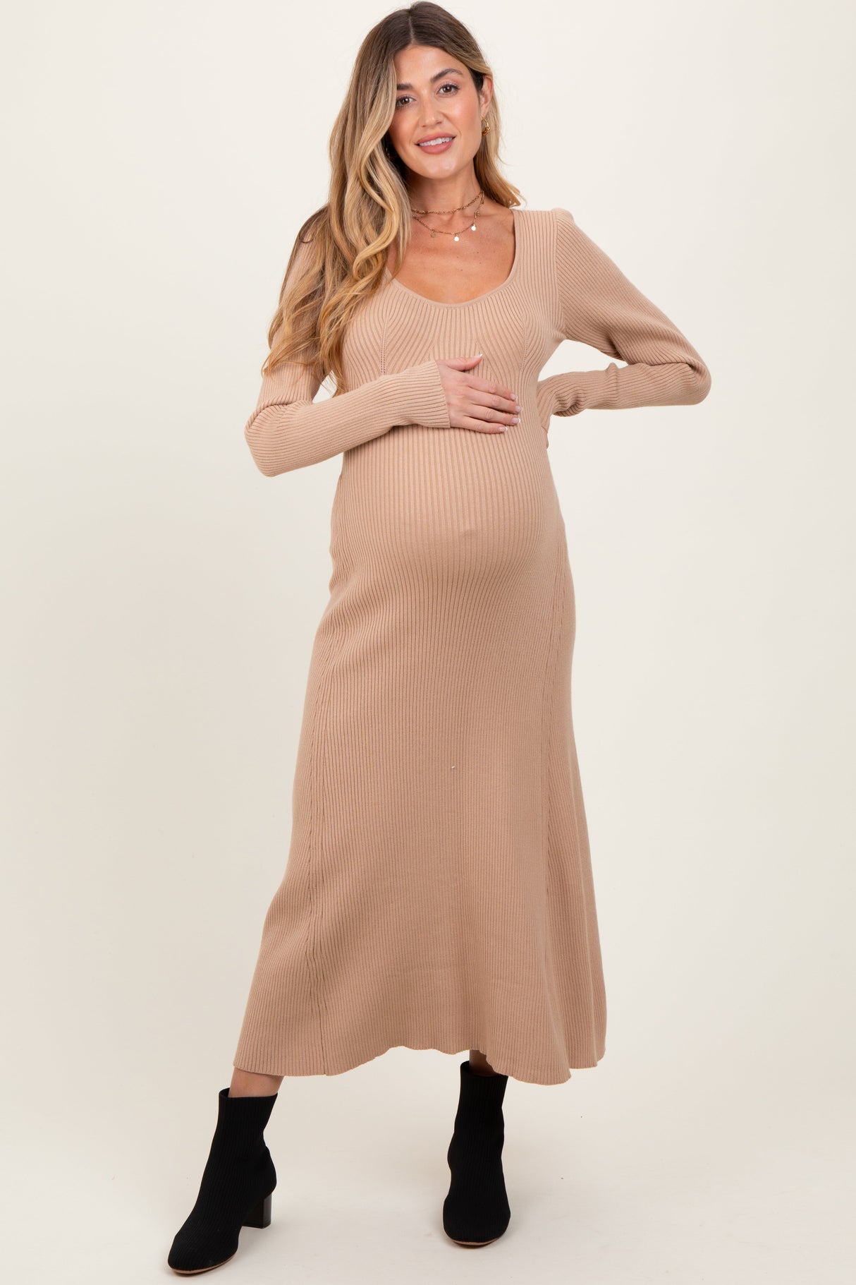 Beige Ribbed Knit Maternity Maxi Sweater Dress from PinkBlush