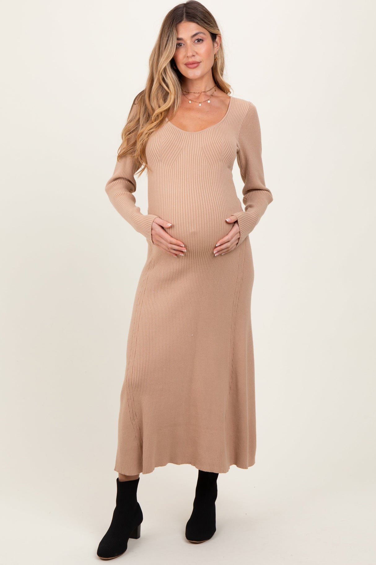 Beige Ribbed Knit Maternity Maxi Sweater Dress from PinkBlush