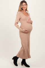 Beige Ribbed Knit Maternity Maxi Sweater Dress from PinkBlush