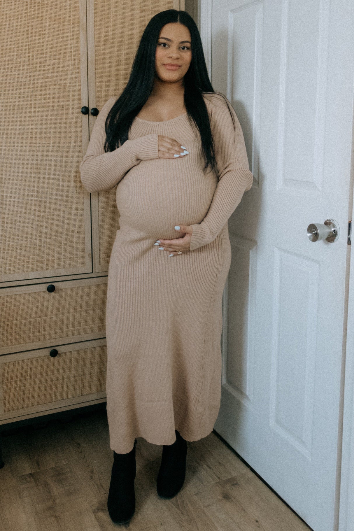Beige Ribbed Knit Maternity Maxi Sweater Dress from PinkBlush
