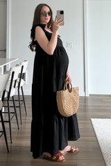 Black Shoulder Tie Tiered Maternity Maxi Dress from PinkBlush