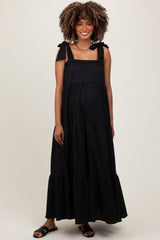 Black Shoulder Tie Tiered Maternity Maxi Dress from PinkBlush