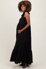 Black Shoulder Tie Tiered Maternity Maxi Dress from PinkBlush