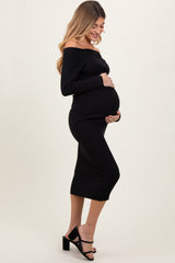 Black Ribbed Off Shoulder Maternity Midi Sweater Dress from PinkBlush