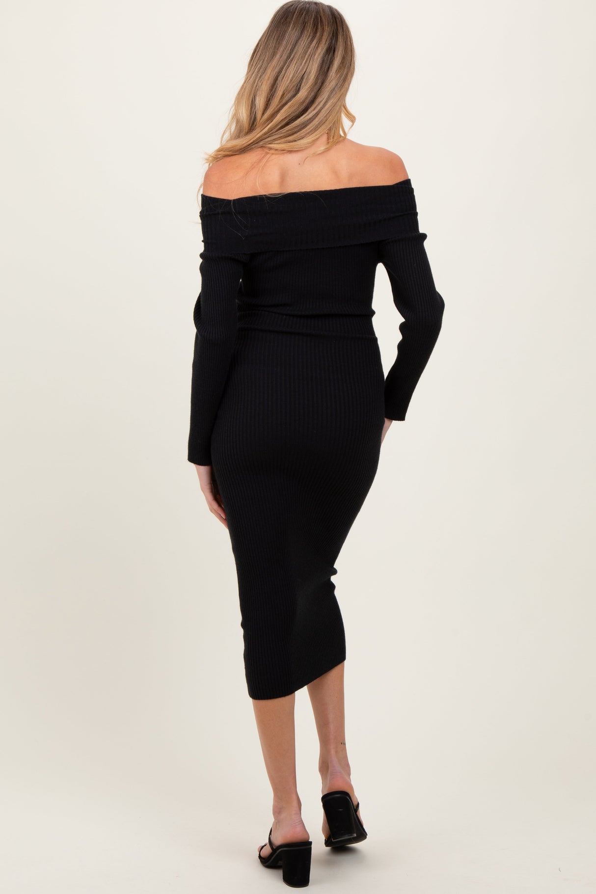 Black Ribbed Off Shoulder Maternity Midi Sweater Dress from PinkBlush