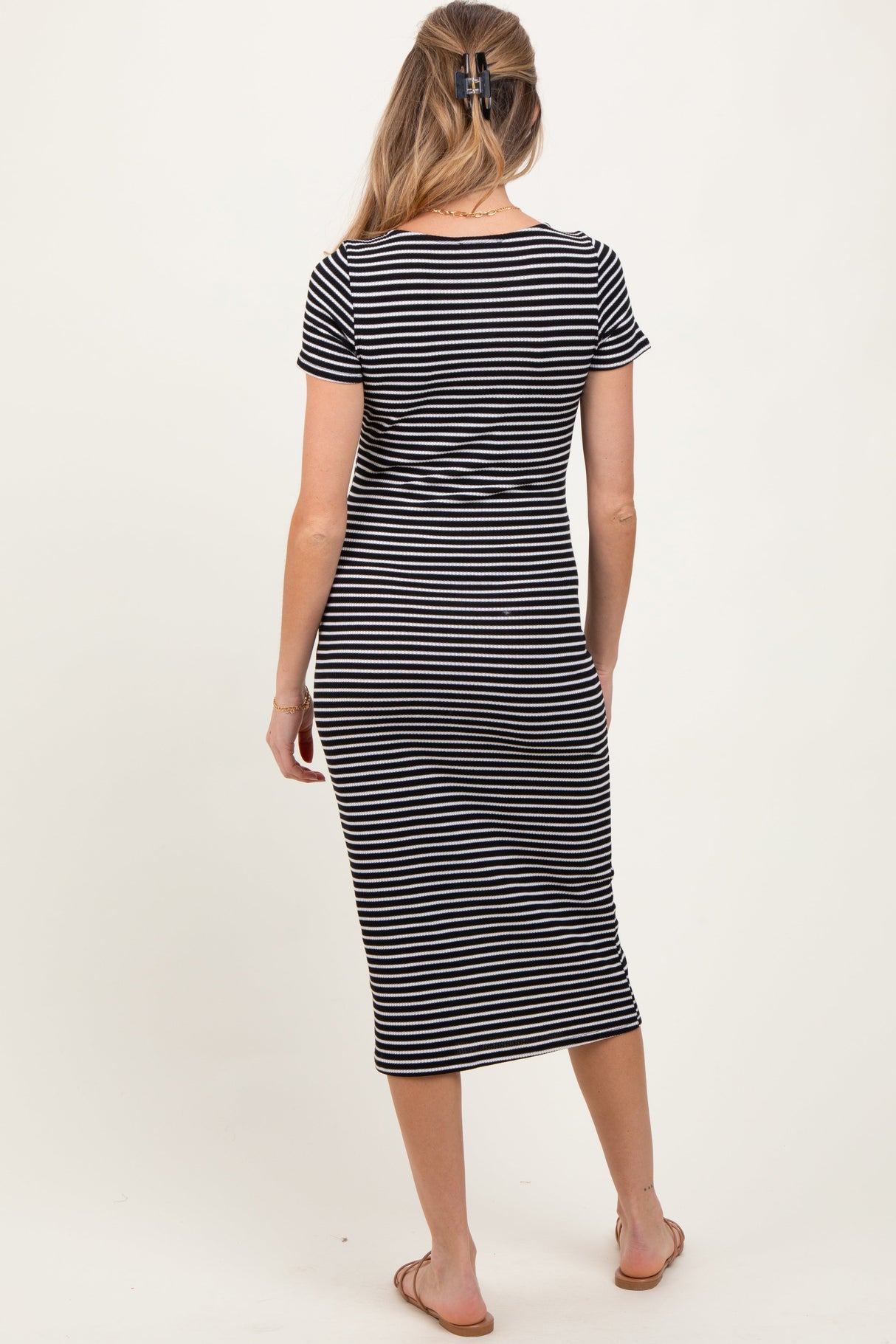Black White Basic Stripe Rib Short Sleeve Maternity Dress from PinkBlush