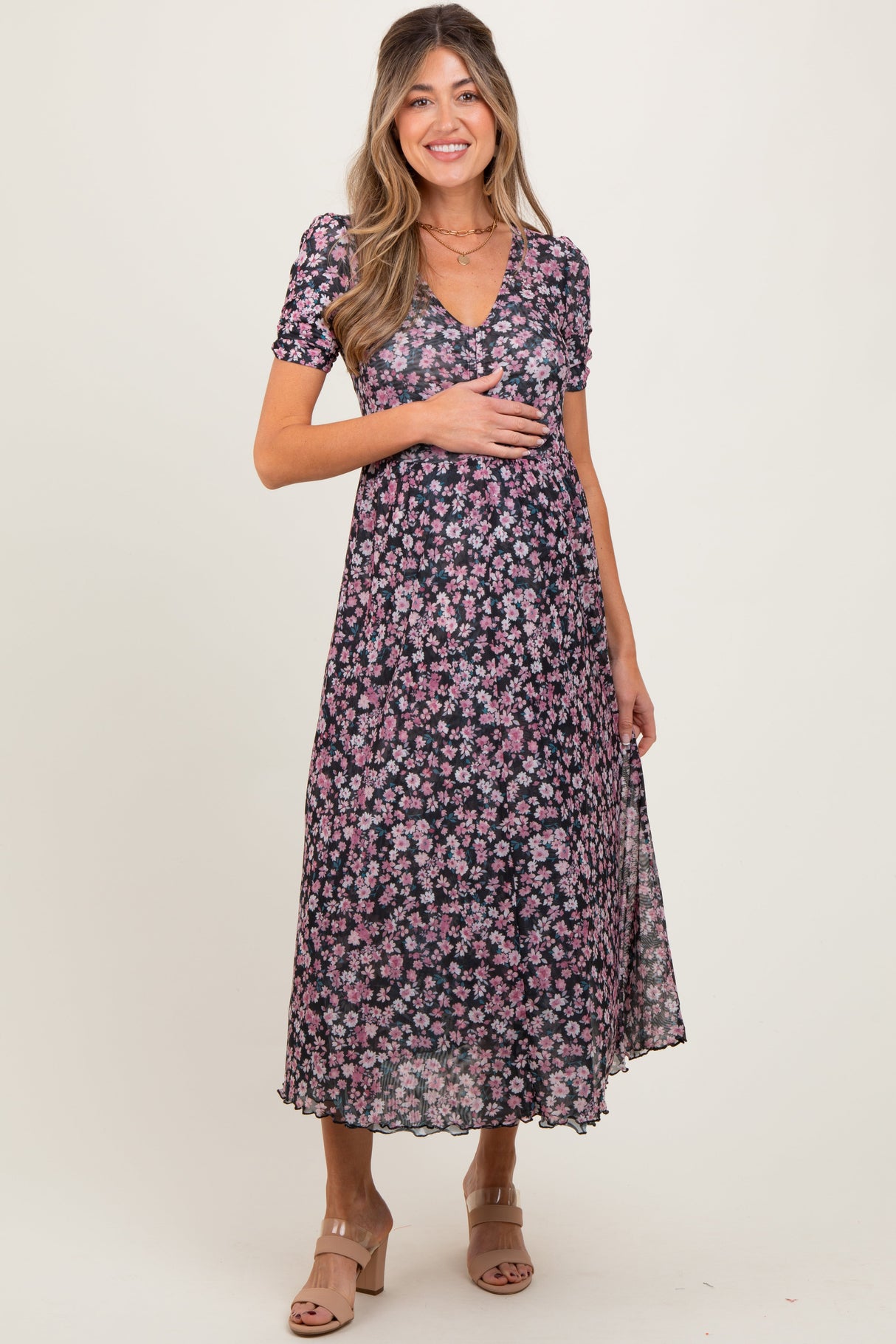 Black Floral Reversible Front Cinched Maternity Midi Dress from PinkBlush