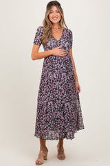 Black Floral Reversible Front Cinched Maternity Midi Dress from PinkBlush