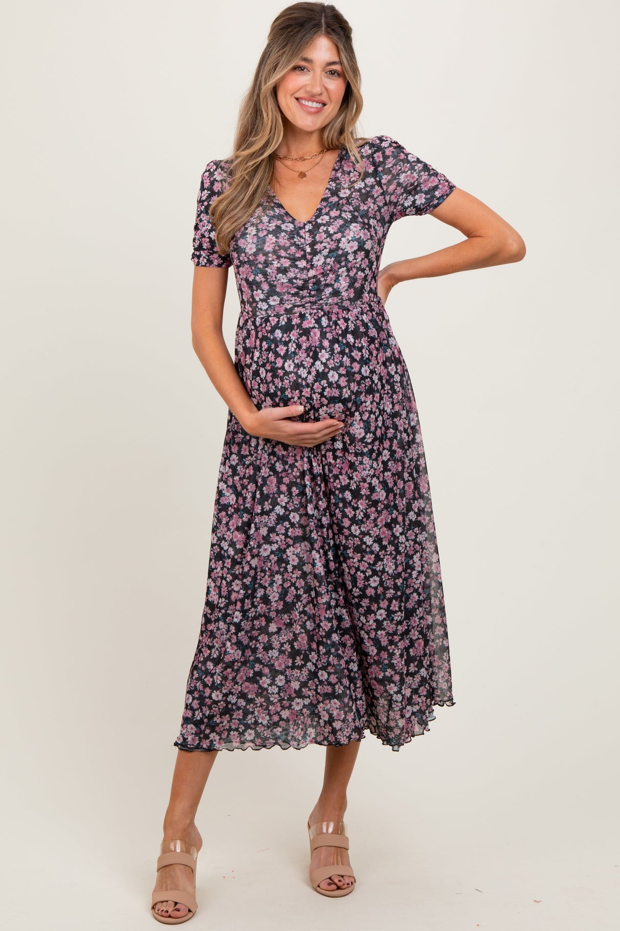 Black Floral Reversible Front Cinched Maternity Midi Dress from PinkBlush