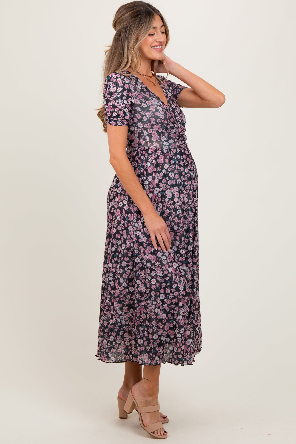 Black Floral Reversible Front Cinched Maternity Midi Dress from PinkBlush