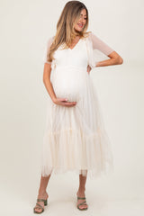 Beige Dotted Tulle Smocked Maternity Midi Dress from PinkBlush