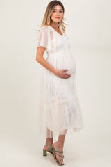 Beige Dotted Tulle Smocked Maternity Midi Dress from PinkBlush
