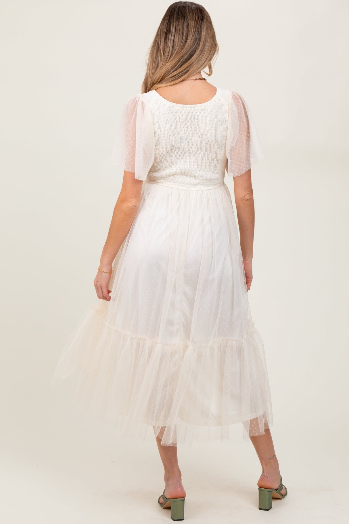 Beige Dotted Tulle Smocked Maternity Midi Dress from PinkBlush