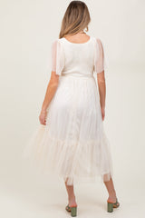 Beige Dotted Tulle Smocked Maternity Midi Dress from PinkBlush
