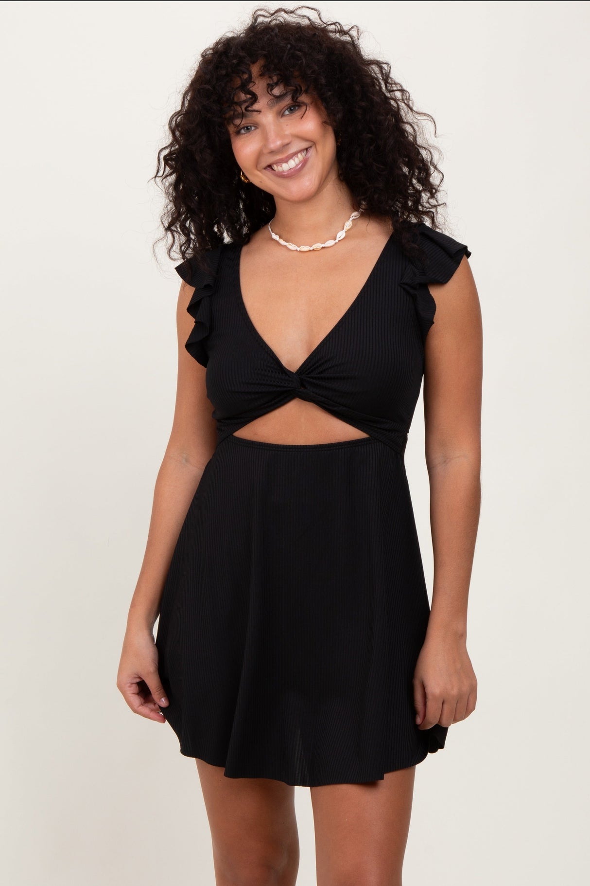 Black Ribbed Ruffle Twist Front Maternity Swim Dress from PinkBlush