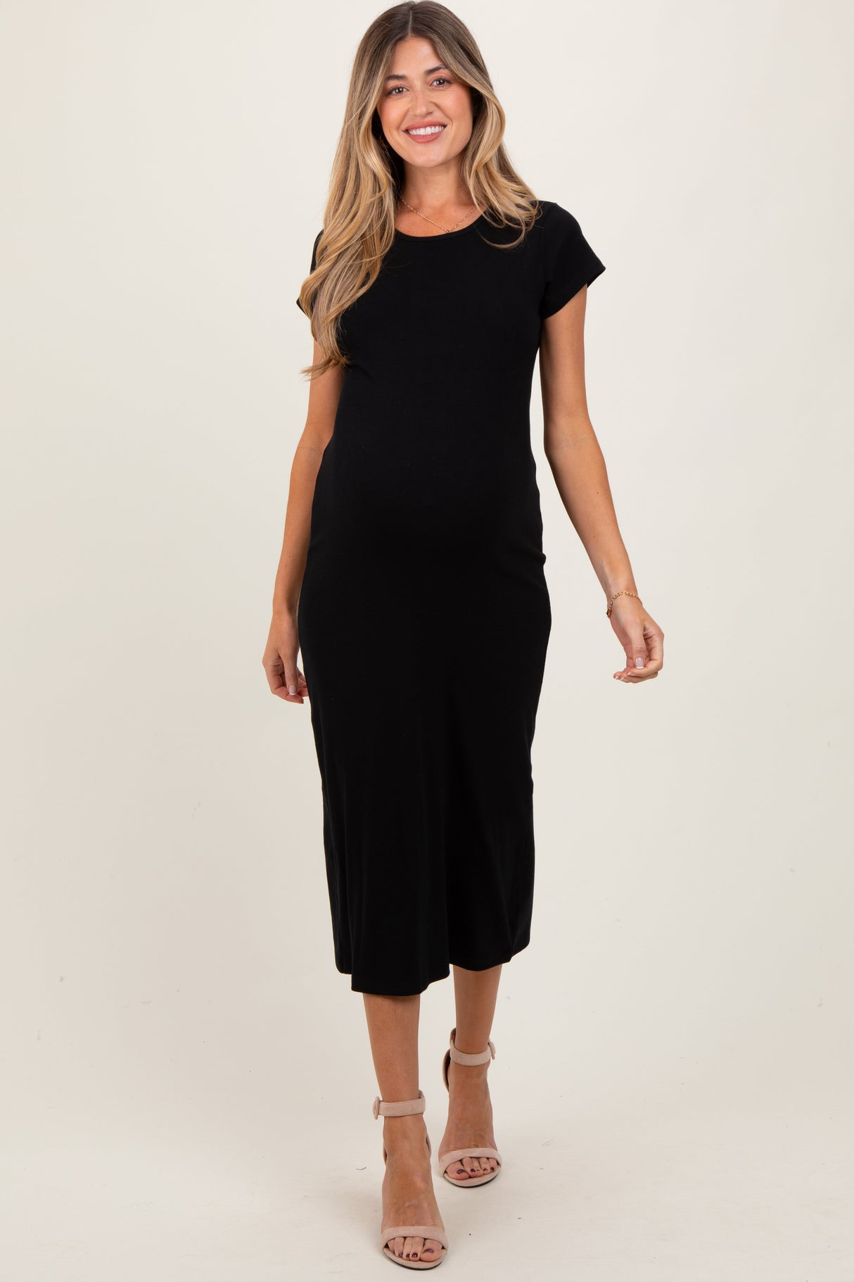 Black Basic Crewneck Maternity Midi Dress from PinkBlush