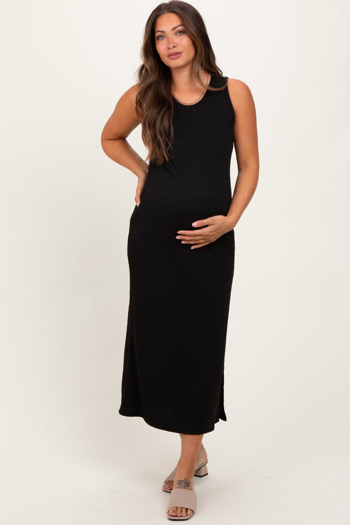 Black Jacquard Sleeveless Side Slit Maternity Midi Dress from PinkBlush