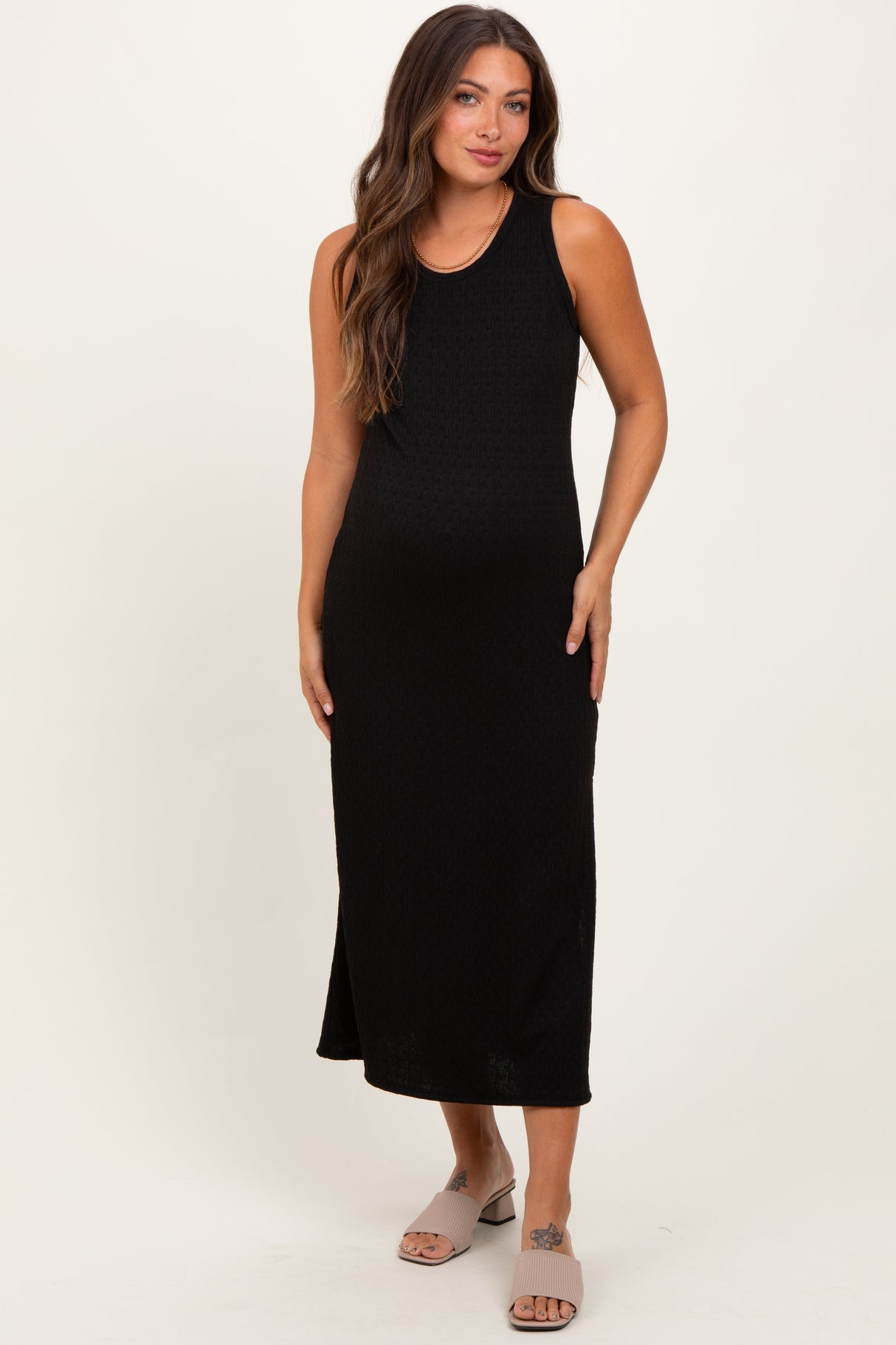 Black Jacquard Sleeveless Side Slit Maternity Midi Dress from PinkBlush