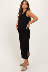 Black Jacquard Sleeveless Side Slit Maternity Midi Dress from PinkBlush