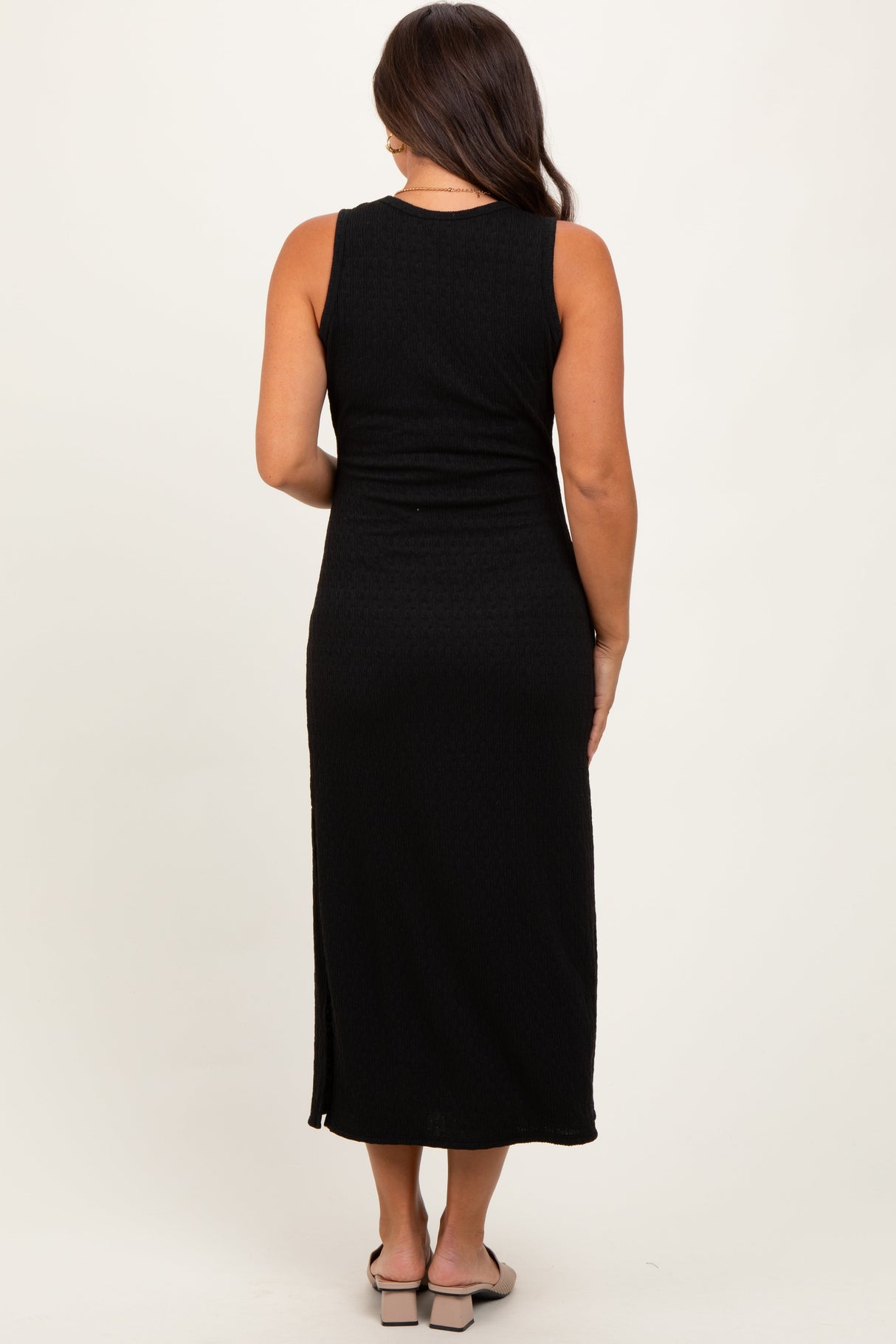 Black Jacquard Sleeveless Side Slit Maternity Midi Dress from PinkBlush