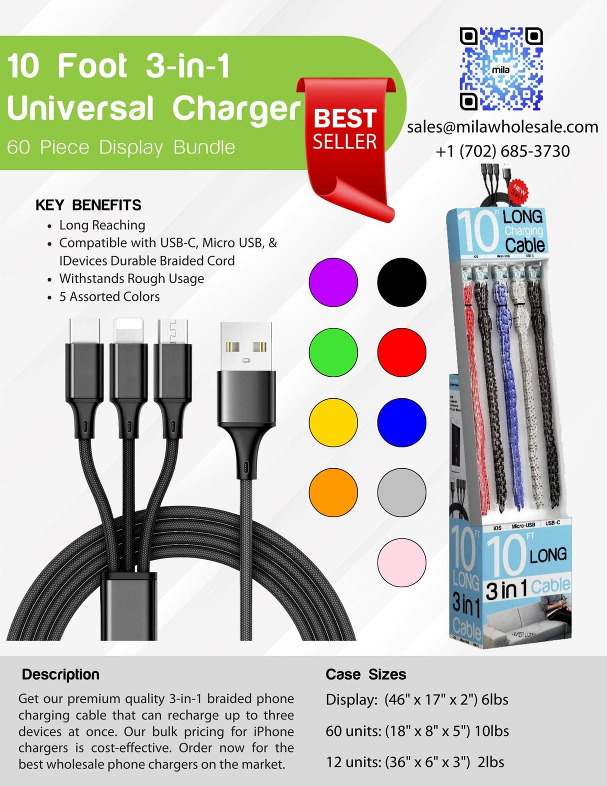 10 Foot 3-in-1 Universal Charging Cable - 60 Piece Display Bundle from Mila Lifestyle Accessories