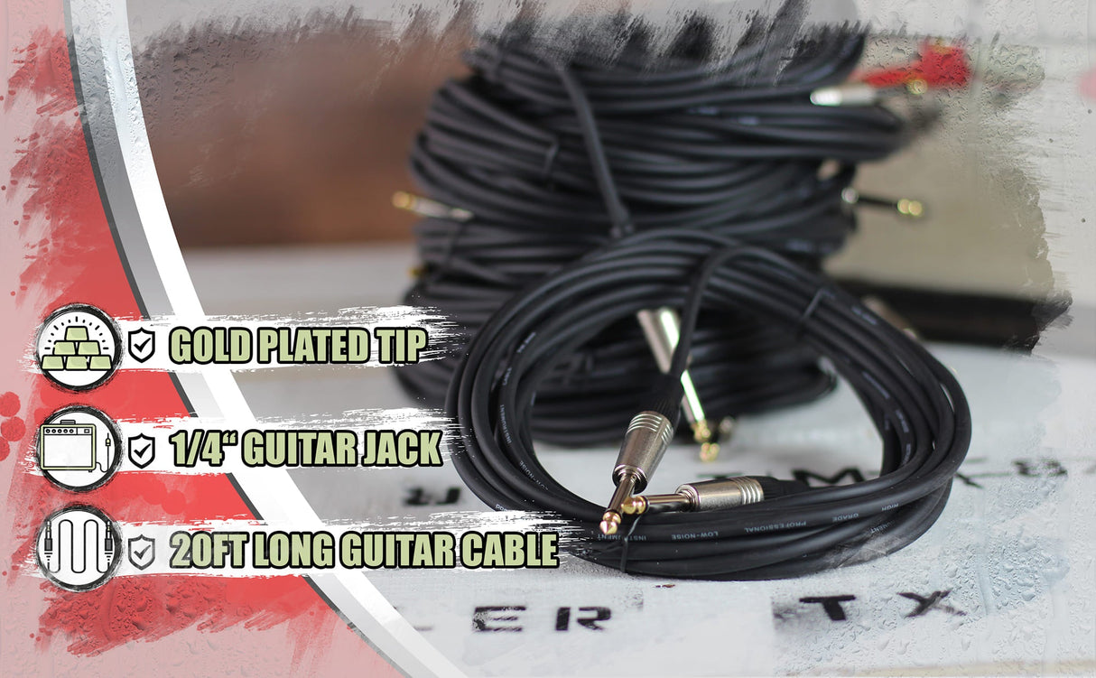 Guitar Cables (10 Pack) Instrument Cord by FAT TOAD | 24 AWG Patch Conductor for Electric Guitar, Bass, Amplifier, Speaker, Keyboard & Recording Studio | Shielded 20FT 1/4 Inch Gold Straight-End Wires from GeekStands.com