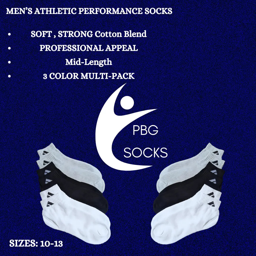 PBG Men's Socks 6 Pair Mid Length Athletic performance MultiPack Activewear 10-13 from PremiumBrandGoods