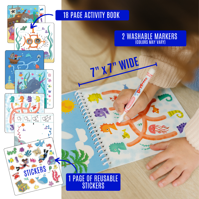 Small 7" Dry Erase Activity Book (incl. 2 Washable Markers & Reusable Stickers) from UnbuckleMe®